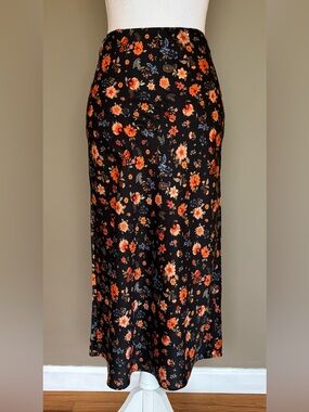 Black Floral Midi Skirt - Women's Orange & Blue Flower Satin Print